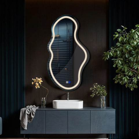 LED Spiegel Asymmetrisch 2 | Touch-Schalter | Anti-Beschlag-Funktion | Neutralweißes Licht - Reyze Seria Salono Model 1 - Vertikal