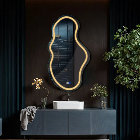 LED Spiegel Asymmetrisch 2 | Touch-Schalter | Anti-Beschlag-Funktion | Warmweißes Licht - Reyze Seria Salono Model 1 - Vertikal