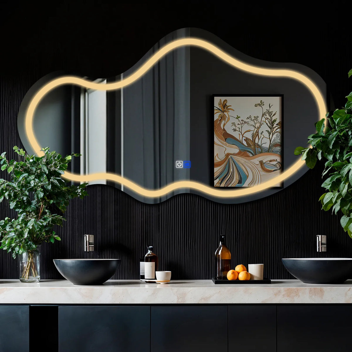 LED Spiegel Asymmetrisch 2 | Touch-Schalter | Anti-Beschlag-Funktion | Warmweißes Licht - Reyze Seria Salono Model 1 - Horizontal