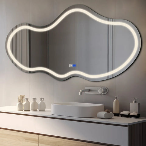 LED Spiegel Asymmetrisch 2 | Touch-Schalter | Anti-Beschlag-Funktion | Neutralweißes Licht - Reyze Seria Salono Model 1 - Horizontal