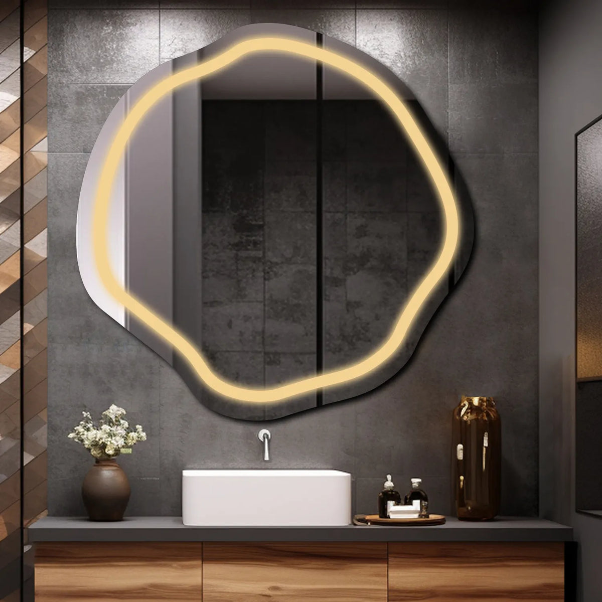 LED Spiegel Asymmetrisch Oval | Wandschalter-Steuerung | Warmweißes Licht - Reyze Seria Salono Model 1