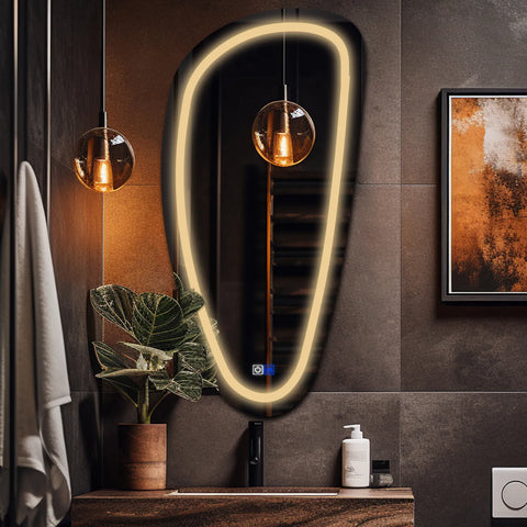 LED Spiegel Asymmetrisch Vertikal | Touch-Schalter | Anti-Beschlag-Funktion | Warmweißes Licht - Reyze Seria Salono Model 1