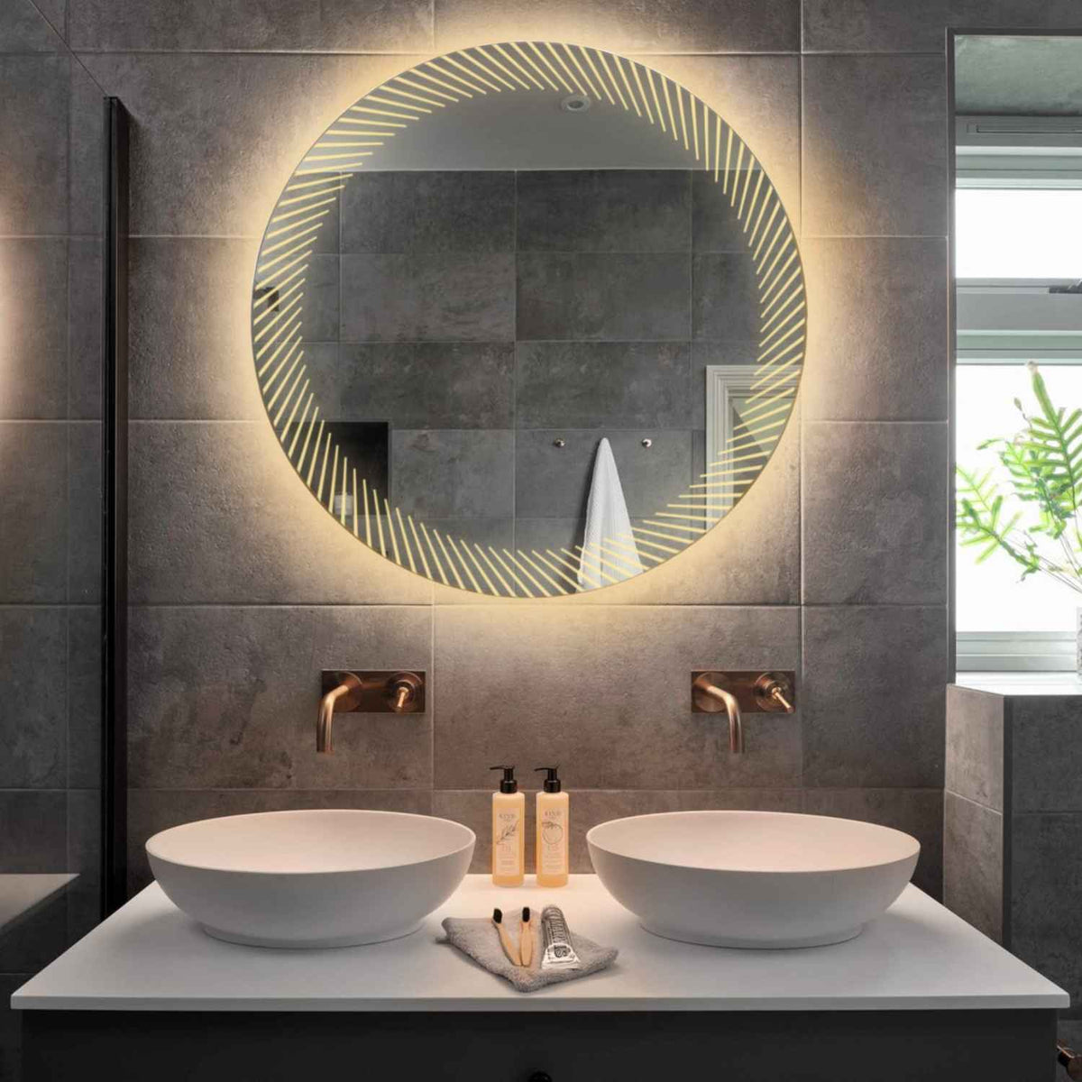 LED Spiegel Rund | Touch-Schalter | Anti-Beschlag-Funktion | Warmweißes Licht - Reyze Seria Simetria Model 7