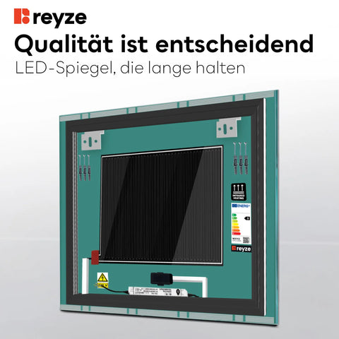 LED Spiegel Quadratisch | Touch-Schalter | Anti-Beschlag-Funktion | Einstellbare Farbtemperatur - Reyze Seria Edge Model 3