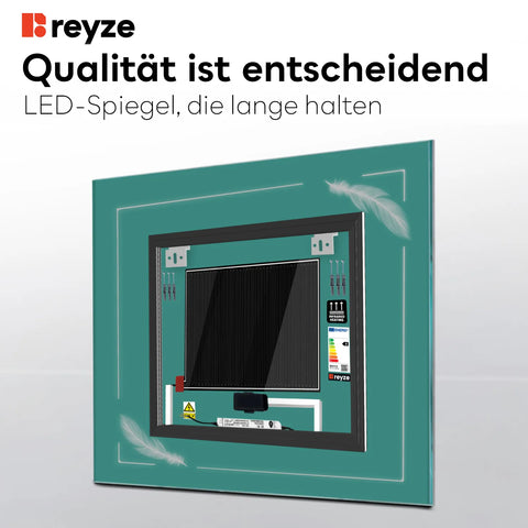LED Spiegel Quadratisch | Touch-Schalter | Anti-Beschlag-Funktion | Warmweißes Licht - Reyze Seria Good Vibes Model 3