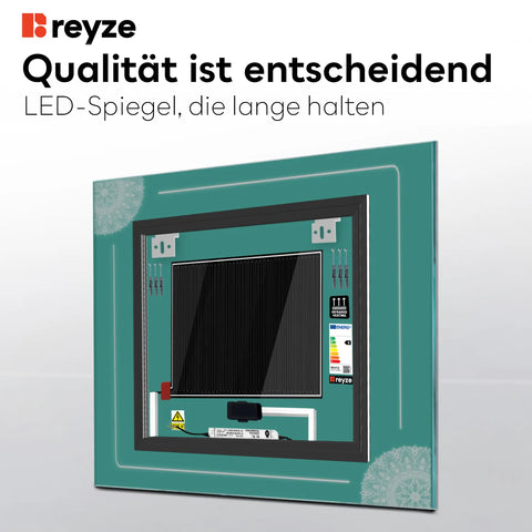 LED Spiegel Quadratisch | Touch-Schalter | Anti-Beschlag-Funktion | Neutralweißes Licht - Reyze Seria Good Vibes Model 7