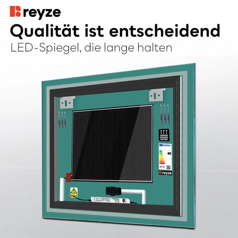 LED Spiegel Quadratisch | Touch-Schalter | Anti-Beschlag-Funktion | Warmweißes Licht - Reyze Seria Minimal Model 1