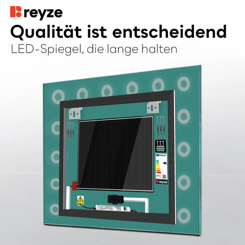 LED Spiegel Quadratisch | Touch-Schalter | Anti-Beschlag-Funktion | Warmweißes Licht - Reyze Seria Minimal Model 4