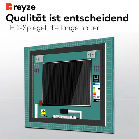 LED Spiegel Quadratisch | Touch-Schalter | Anti-Beschlag-Funktion | Einstellbare Farbtemperatur - Reyze Seria Official Model 3