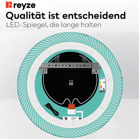 LED Spiegel Rund | Touch-Schalter | Anti-Beschlag-Funktion | Warmweißes Licht - Reyze Seria Simetria Model 7