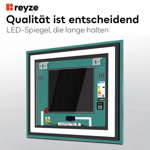 LED Spiegel Quadratisch | Touch-Schalter | Anti-Beschlag-Funktion | Neutralweißes Licht - Reyze Seria Salono Model 3