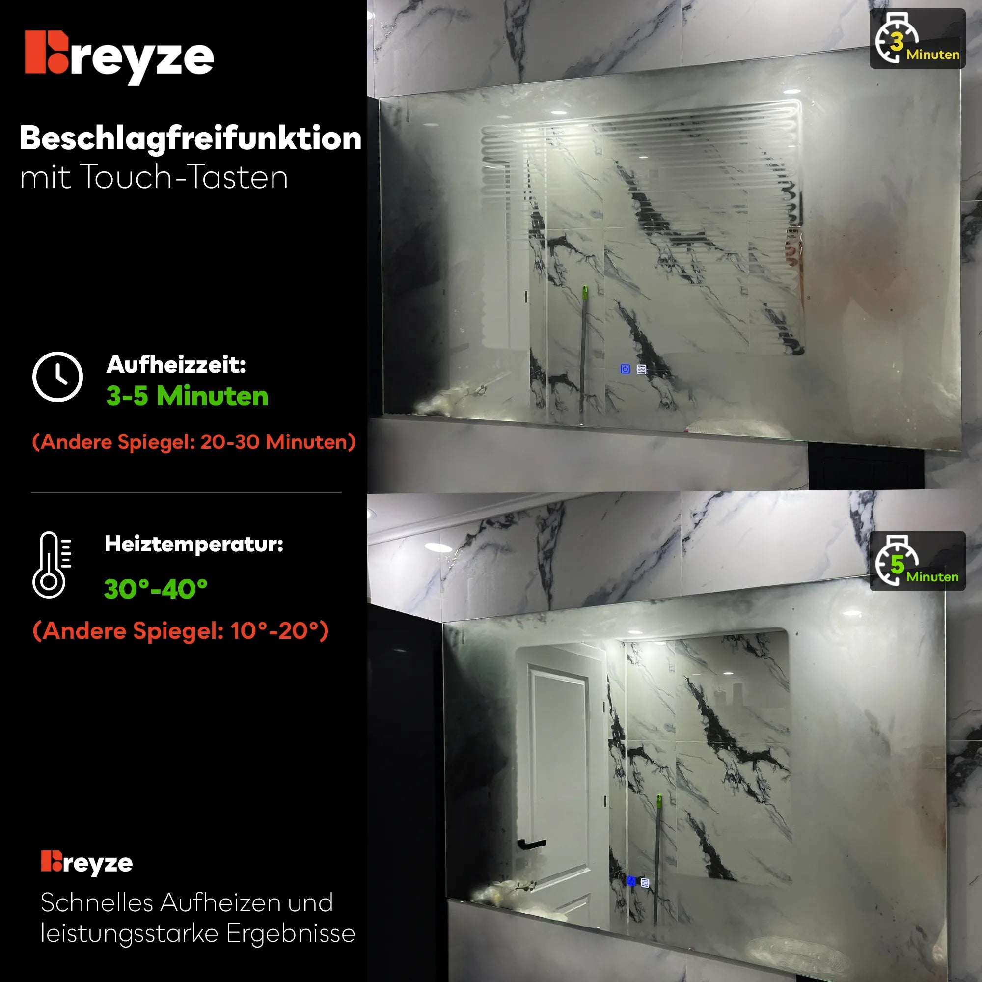 LED Spiegel Rechteckig | Touch-Schalter | Anti-Beschlag-Funktion | Neutralweißes Licht - Reyze Seria Salono Model 1