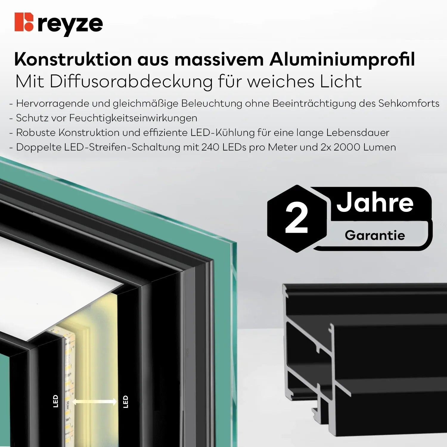 LED Spiegel Rechteckig | Touch-Schalter | Anti-Beschlag-Funktion | Warmweißes Licht - Reyze Seria Salono Model 3